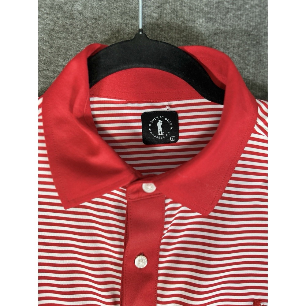 USAG You Suck At Golf Polo Shirt Men's‎ Large Performance Red White Stripe S/S - Picture 2 of 7